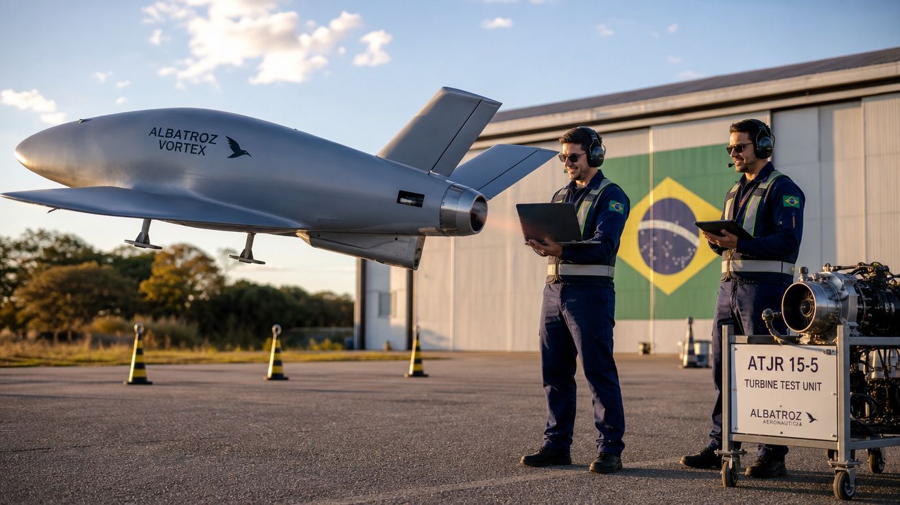 Dois técnicos com fones de ouvido e equipamentos testam drone aéreo Albatroz Vortex em área externa com bandeira do Brasil ao