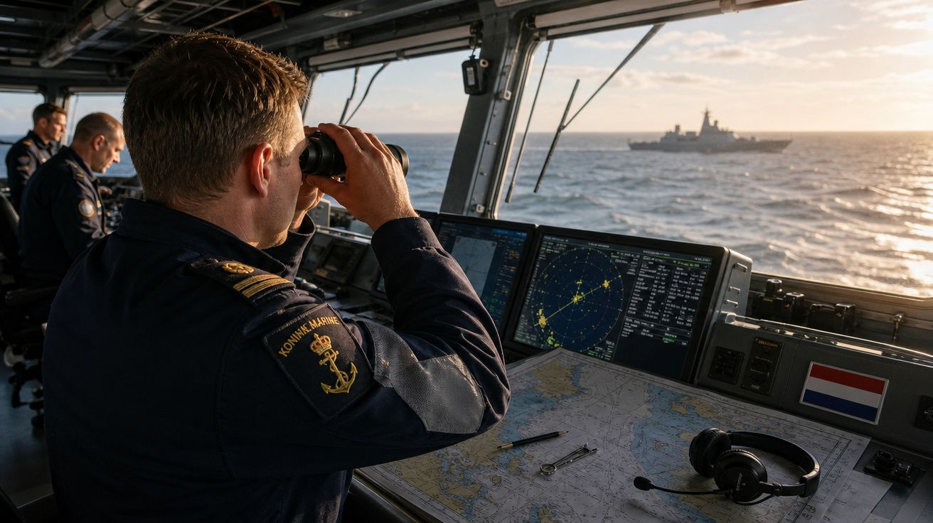 Militares da marinha usando binóculo e equipamentos de navegação vendo navio de guerra no mar ao pôr do sol.