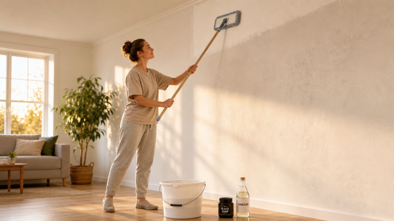 Mulher limpando parede com esfregão em uma sala iluminada com sofá e planta ao fundo.