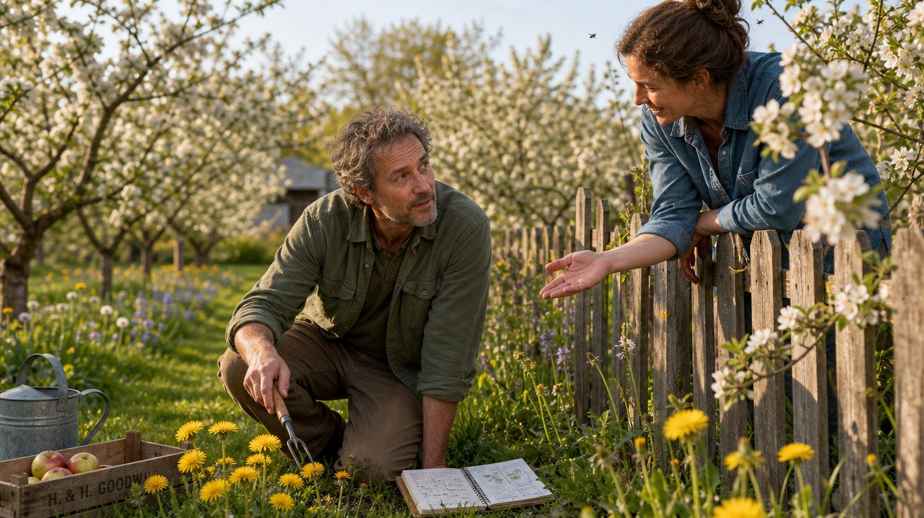 Homem e mulher conversam em pomar florido enquanto cuidam das plantas junto à cerca de madeira.