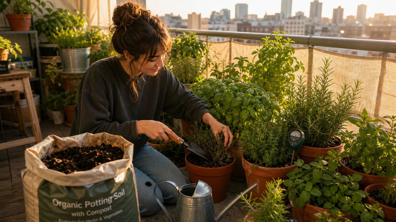 Mulher cuidando de plantas em vasos num jardim urbano ao pôr do sol, com regador e terra orgânica.