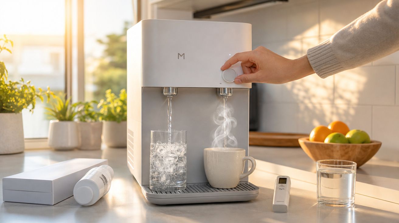 Pessoa ajusta dispenser branco que serve água gelada com gelo e água quente em xícara na cozinha iluminada.
