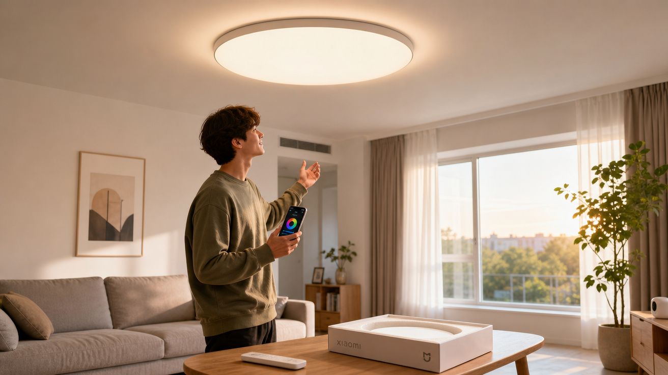 Homem ajusta luz de teto inteligente em sala com sofá, mesa e janela ampla ao pôr do sol.