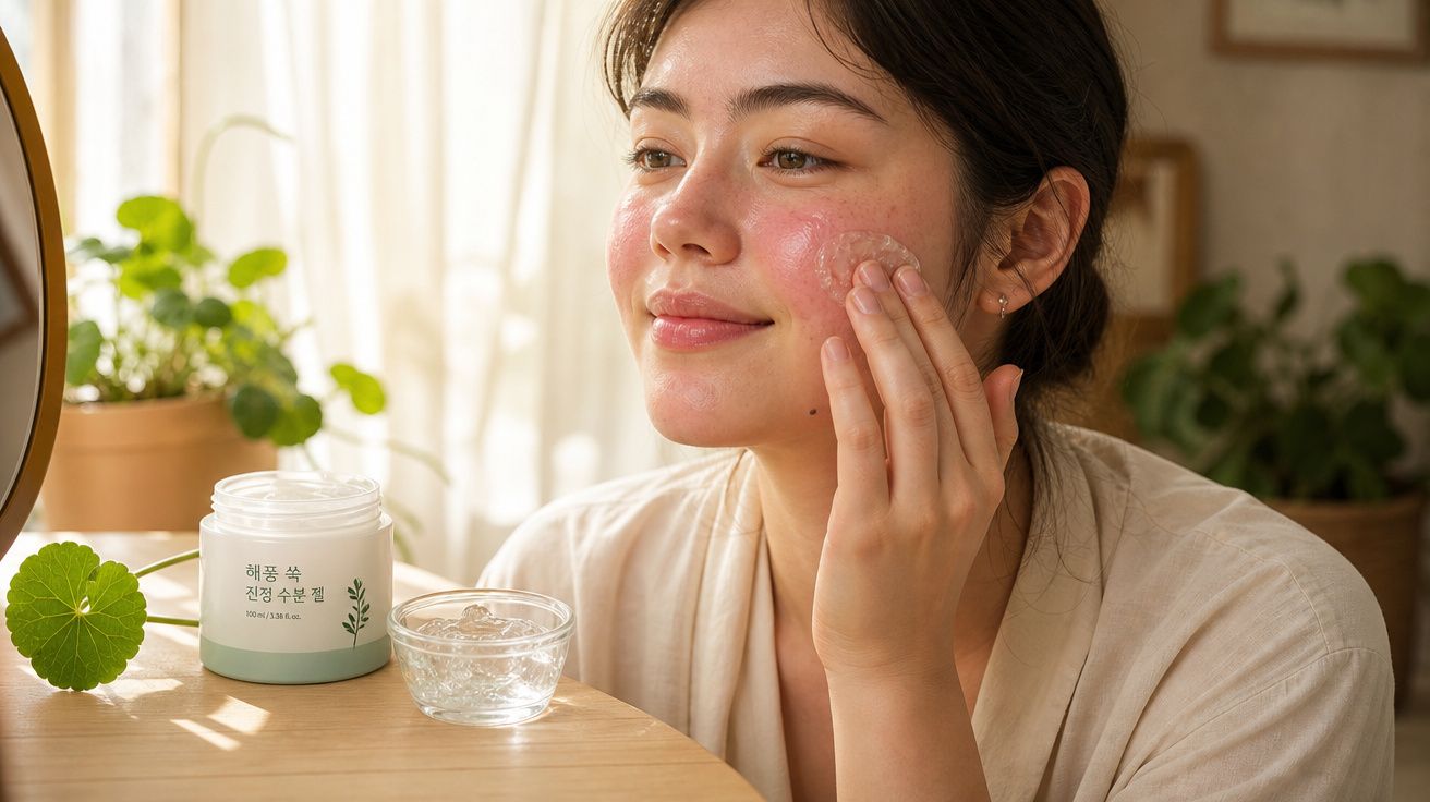 Mulher aplicando creme facial em pele com vermelhidão, em ambiente iluminado e plantas ao fundo.