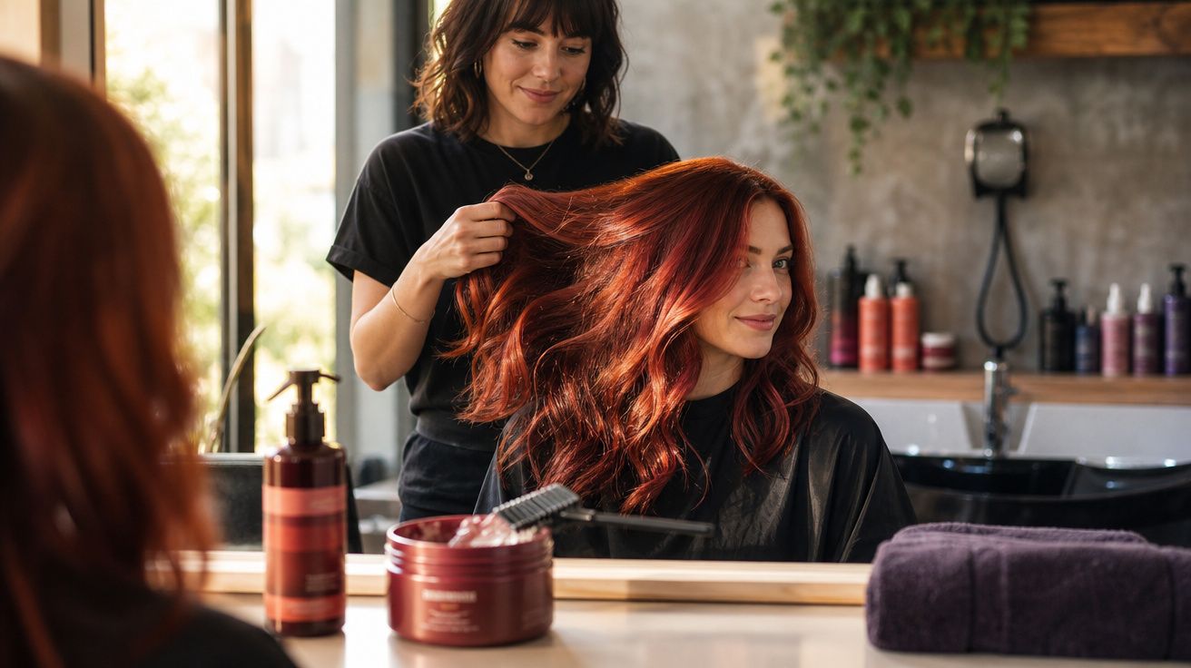 Mulher com cabelo ruivo sendo penteada por cabeleireira em salão de beleza, ambas sorrindo.