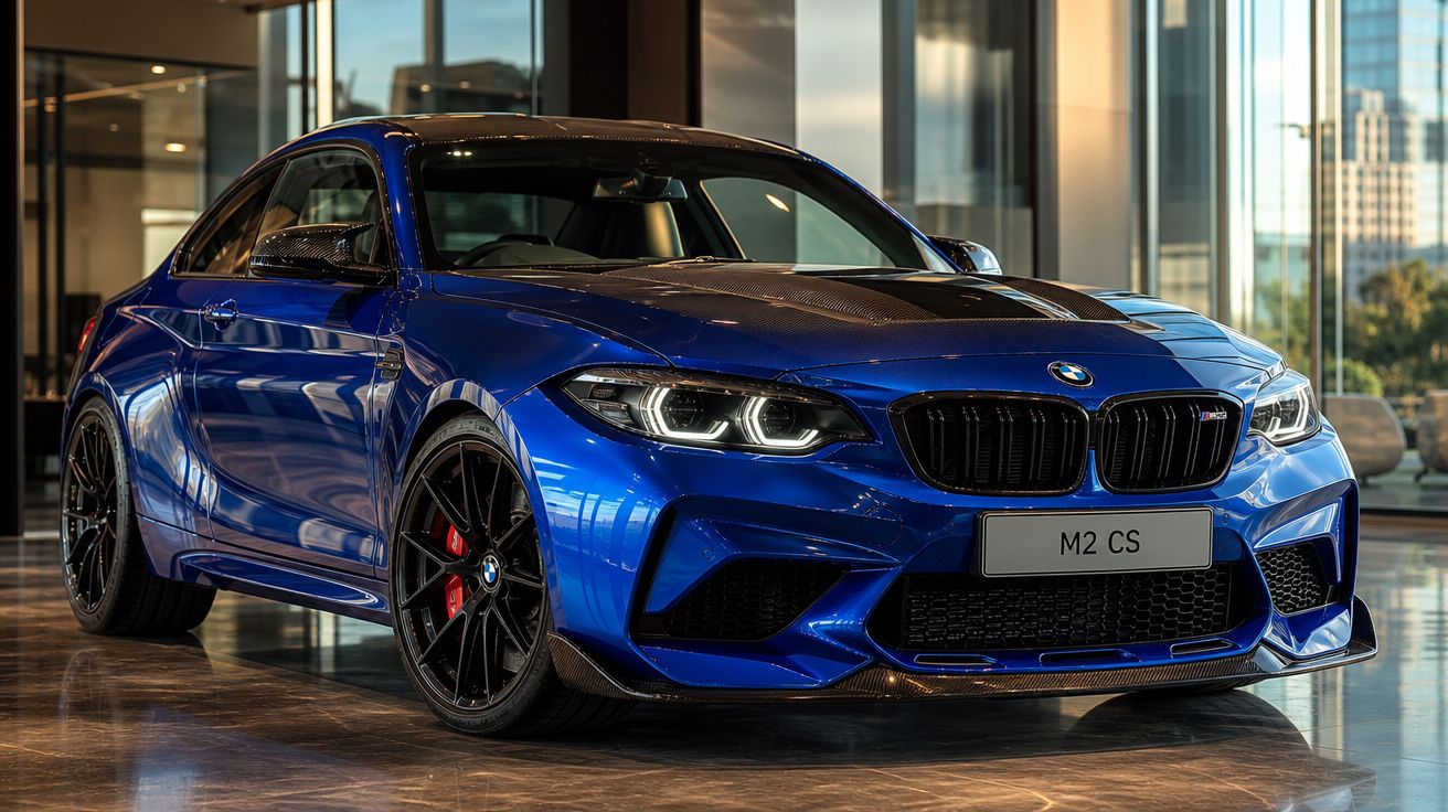 Carro esportivo BMW M2 CS azul com detalhes em carbono exposto em showroom moderno.