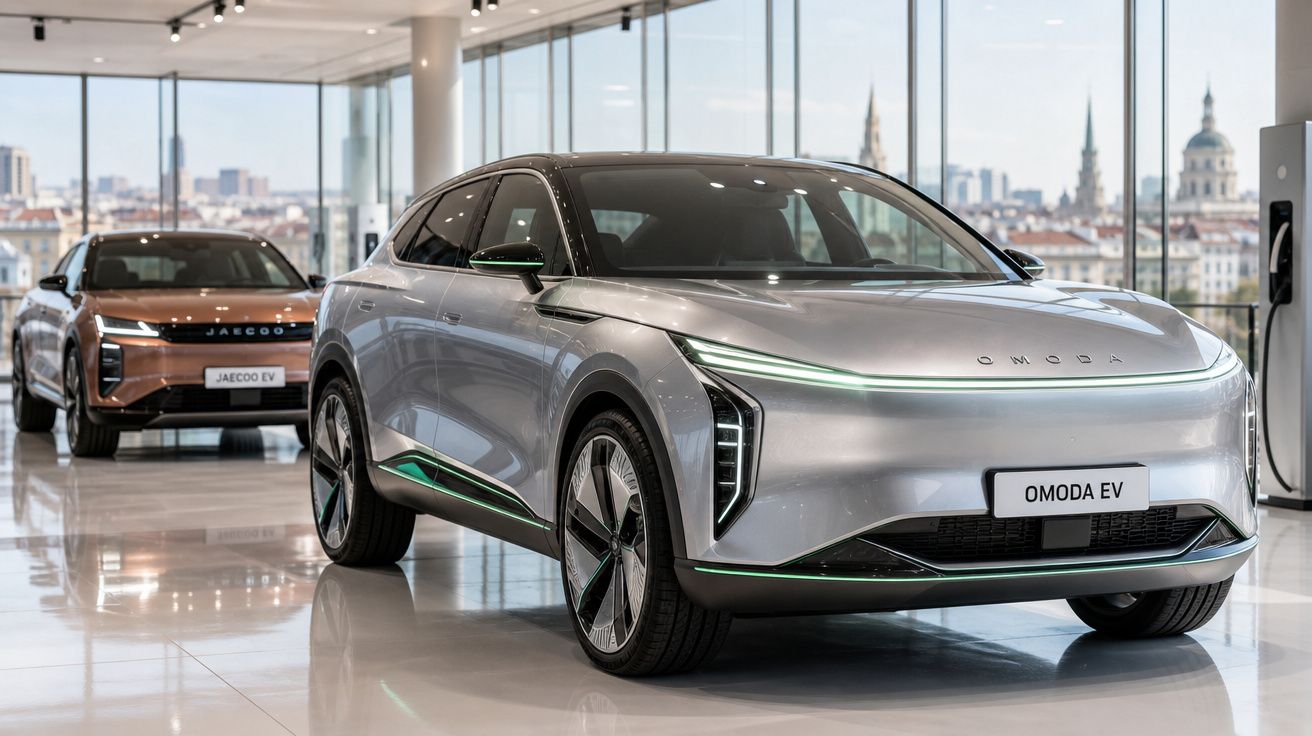 Dois carros elétricos modernos estacionados em showroom com vidros e vista urbana ao fundo.