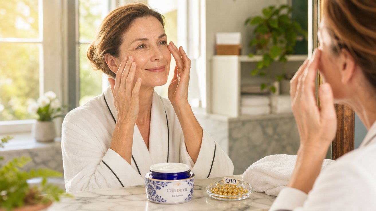 Mulher de meia-idade aplicando creme facial em frente ao espelho no banheiro iluminado de manhã.