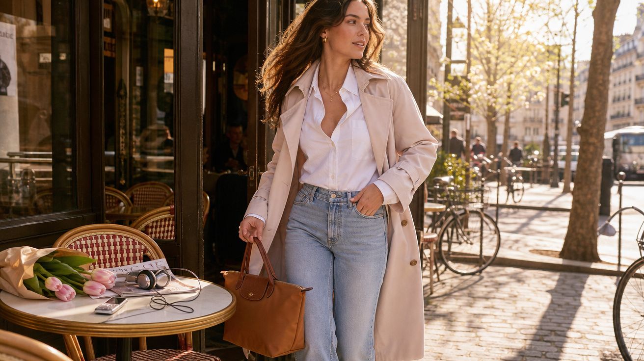 Mulher caminhando com casaco bege, camisa branca e jeans em rua ensolarada com café e bicicletas ao fundo.