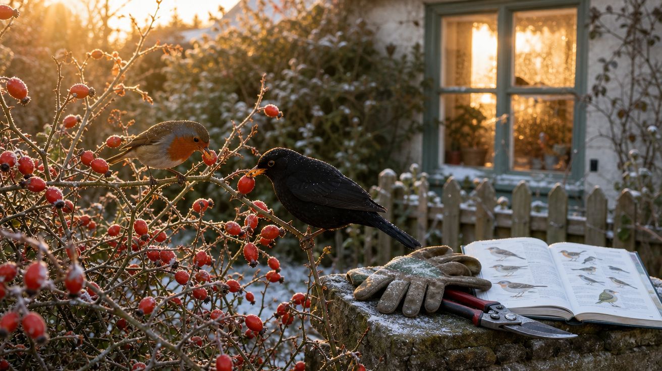 Dois pássaros em arbusto com frutos vermelhos ao amanhecer, livro de aves, luvas e tesoura de jardim sobre muro de pedra.