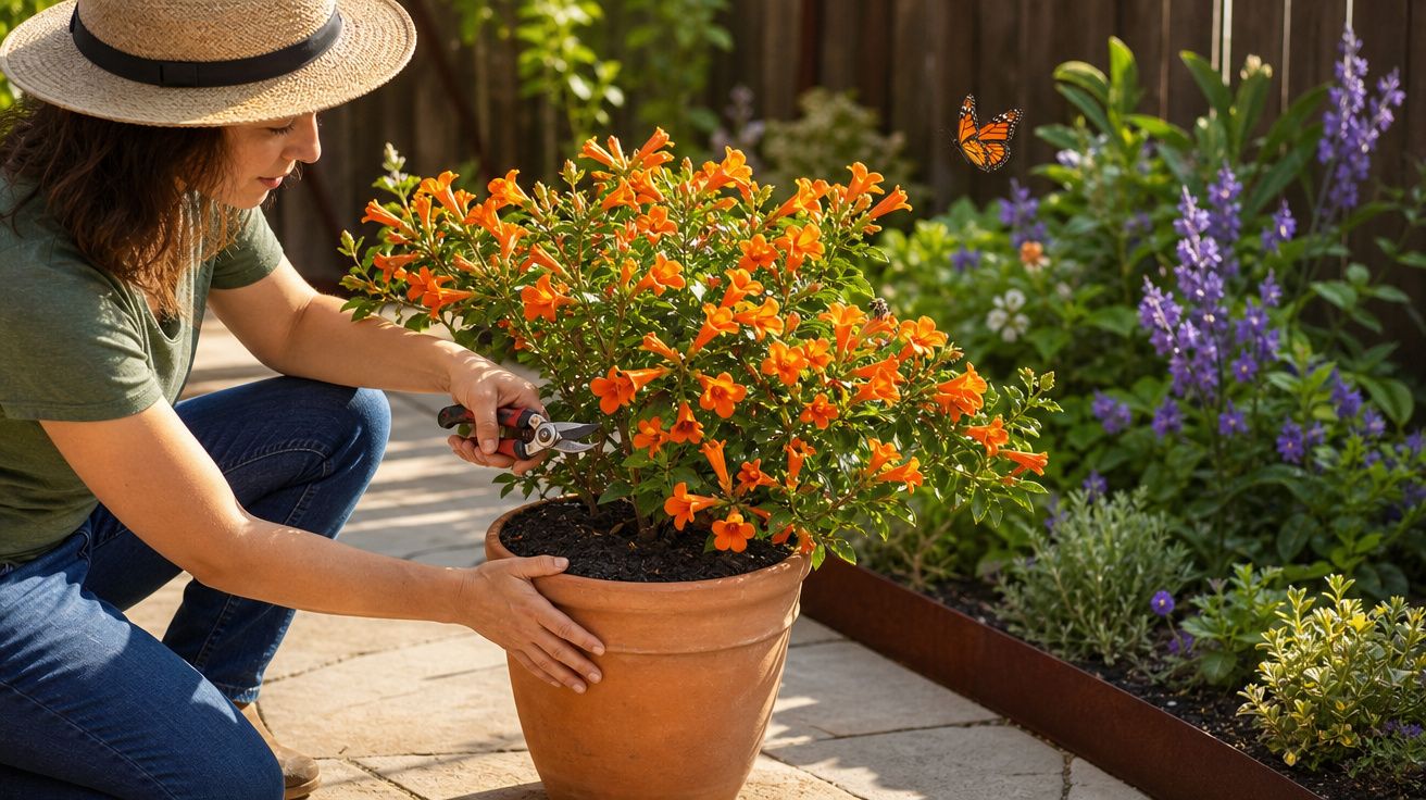 Mulher com chapéu cuidando de planta com flores laranjas em vaso de cerâmica no jardim ensolarado.