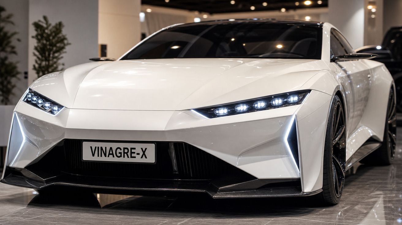 Carro esportivo branco futurista modelo Vinagre-X com faróis de LED e design aerodinâmico exibido em showroom.