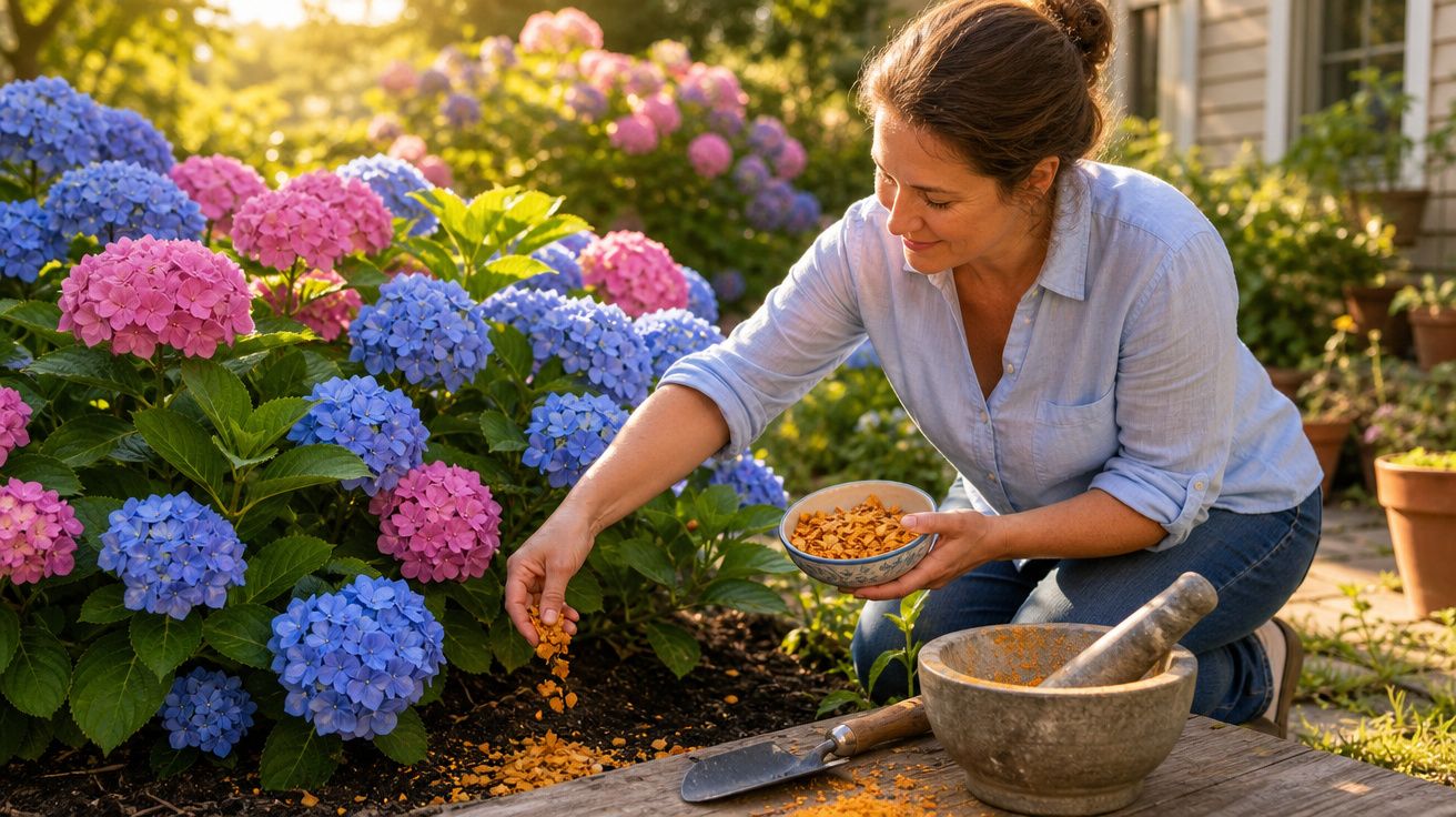 Mulher agachada alimentando plantas de hortênsia rosas e azuis em jardim ensolarado.