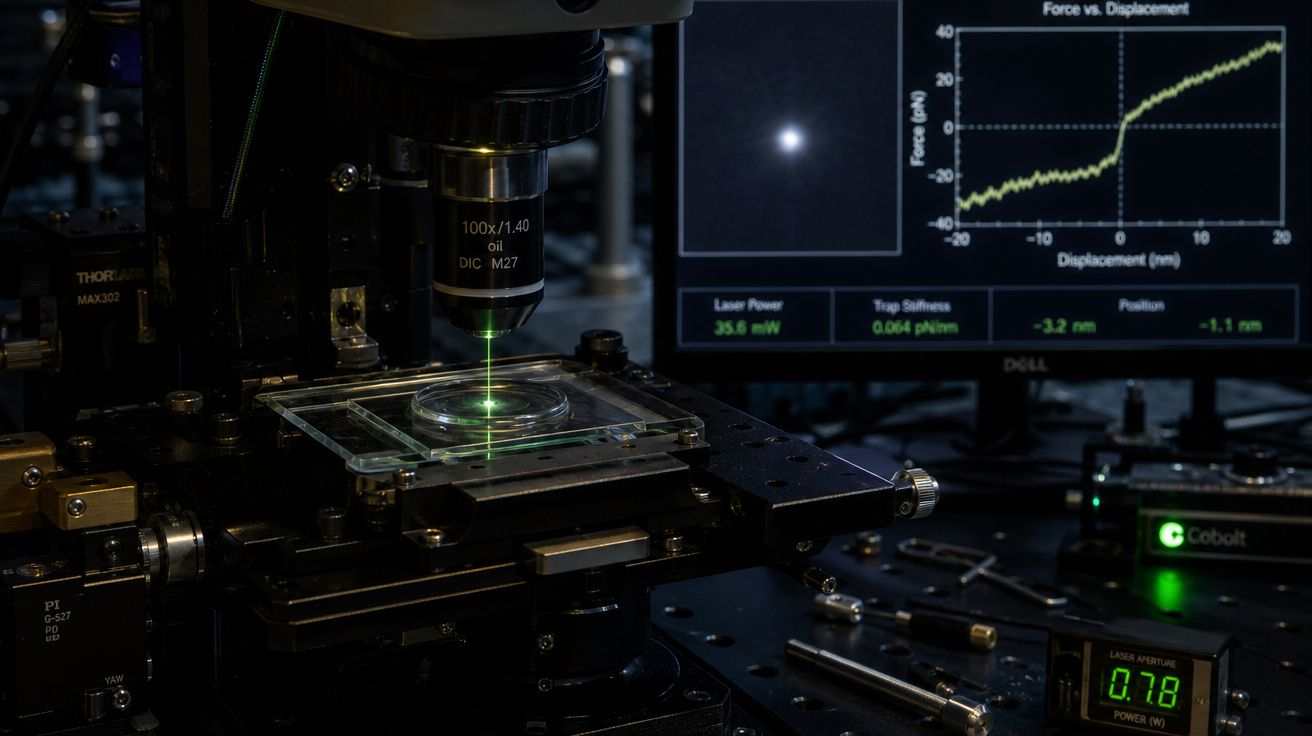 Microscópio avançado em laboratório com laser verde iluminando amostra e gráfico em tela ao fundo.