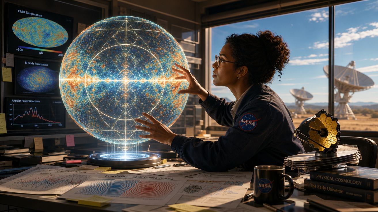 Mulher cientista interagindo com mapa holográfico do cosmos em laboratório com equipamentos e antenas parabólicas ao fundo.