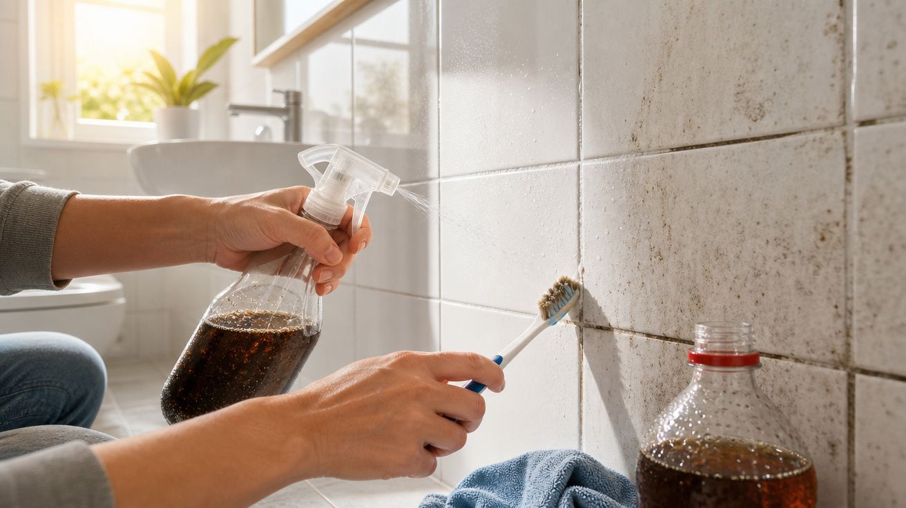Mãos limpando sujeira de azulejos com escova de dentes e spray caseiro de vinagre em banheiro.