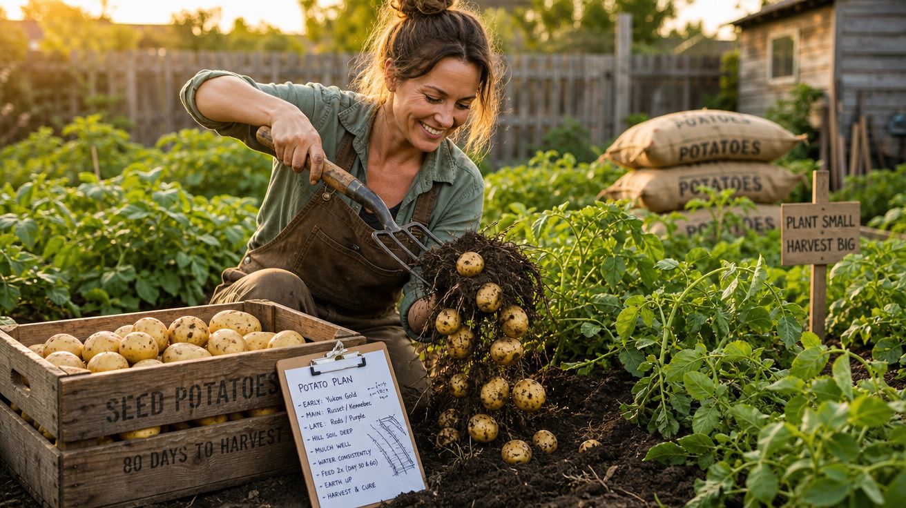 Mulher sorrindo colhendo batatas de uma plantação orgânica em uma manhã ensolarada.