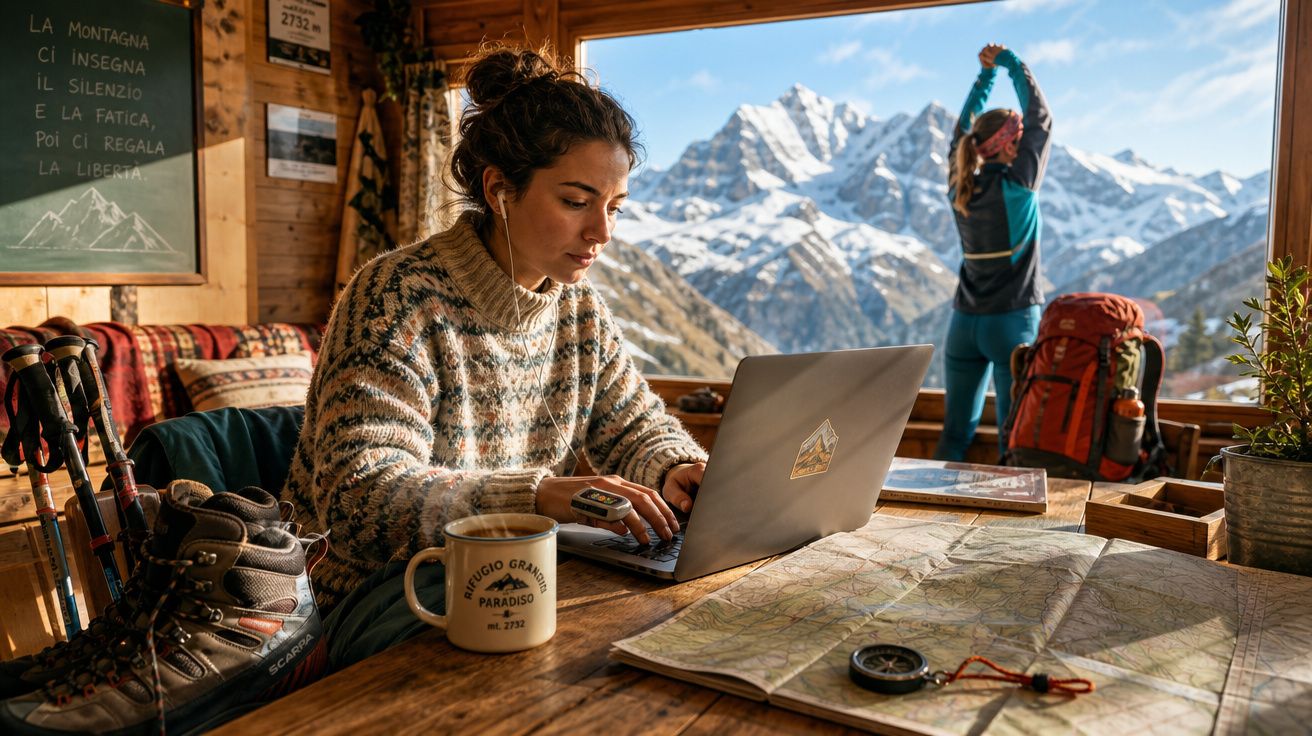 Mulher trabalhando no laptop em cabana, com mapa e botas, montanhas nevadas ao fundo e outra pessoa alongando.
