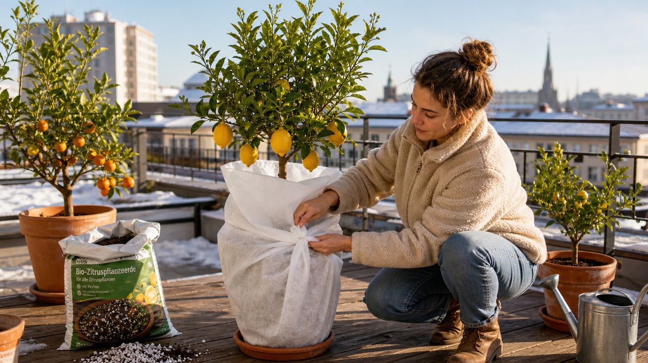 Mulher protegendo planta de limão com pano branco em varanda ensolarada com outras plantas e terra.