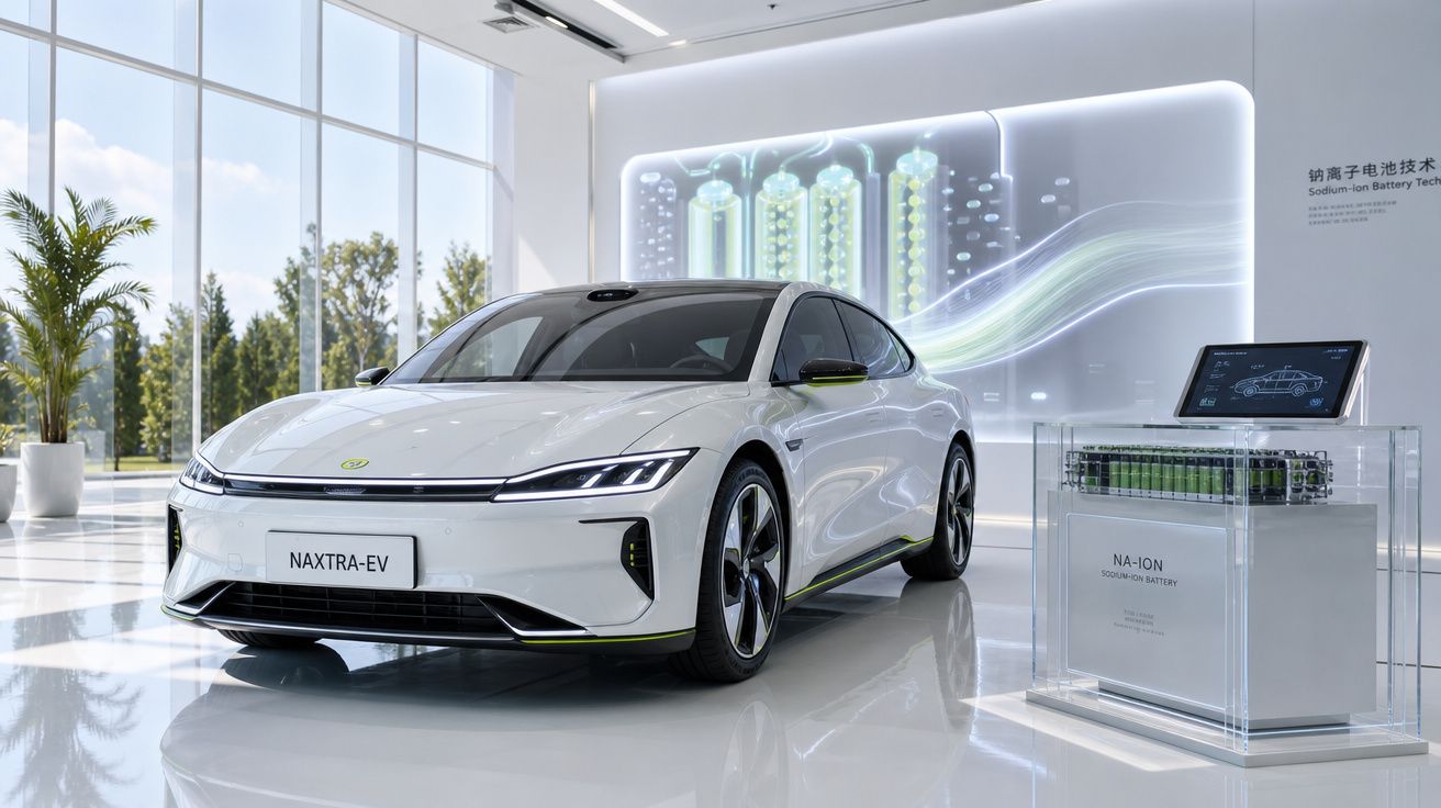 Carro elétrico branco Naxtra-EV exposto em ambiente moderno com tela explicativa sobre baterias de íon de sódio.