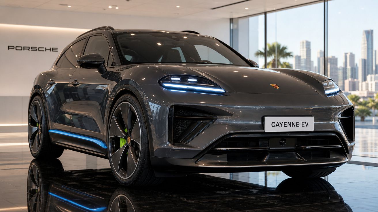 Carro elétrico Porsche Cayenne EV cinza exibido em showroom moderno com piso refletivo.