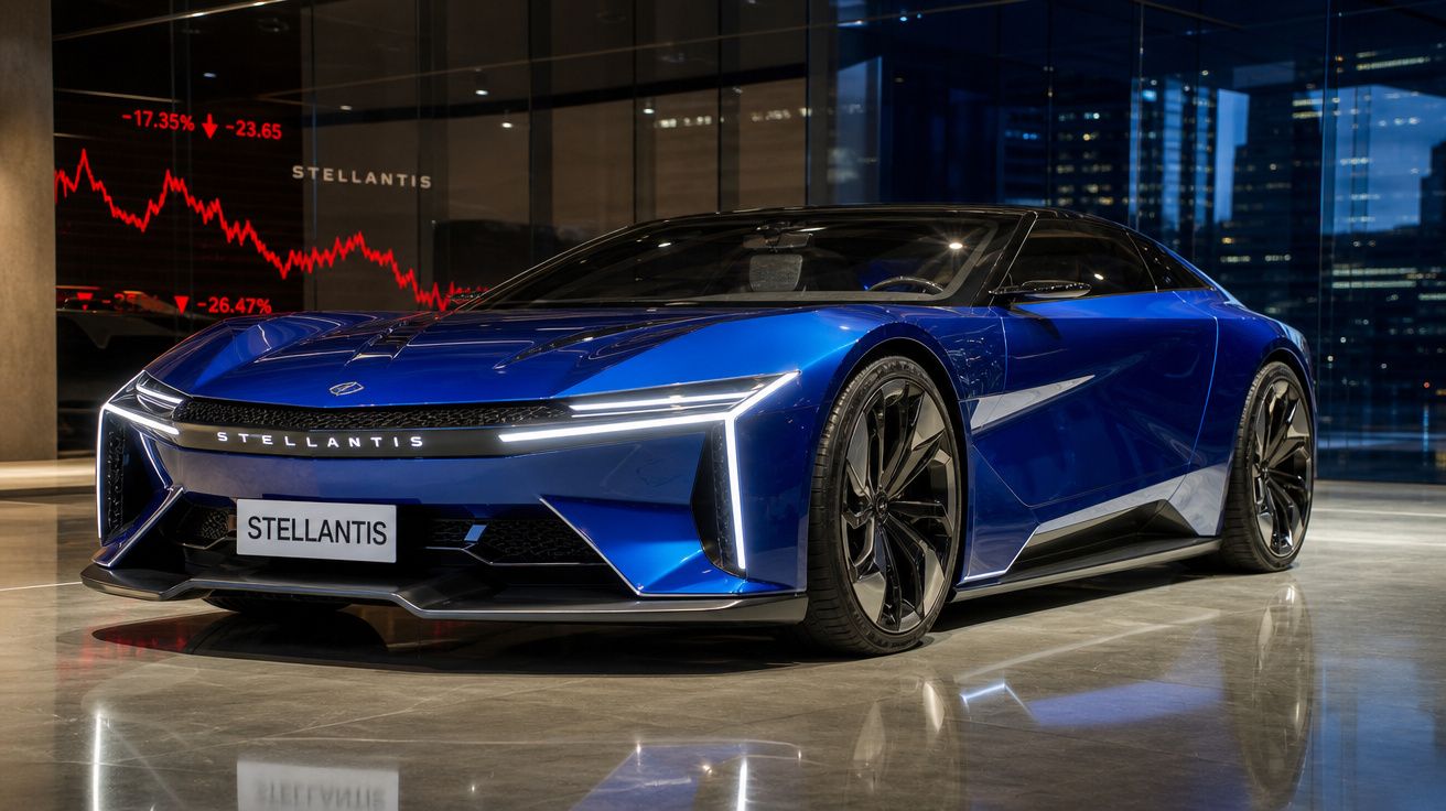 Carro esportivo azul da Stellantis com design futurista exposto em ambiente moderno e iluminado.