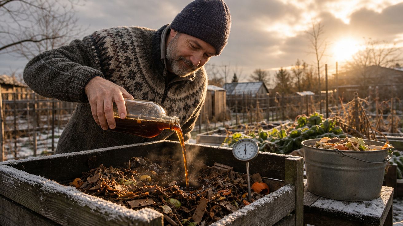 Homem idoso com gorro e suéter derramando líquido em caixa de compostagem ao ar livre no entardecer.