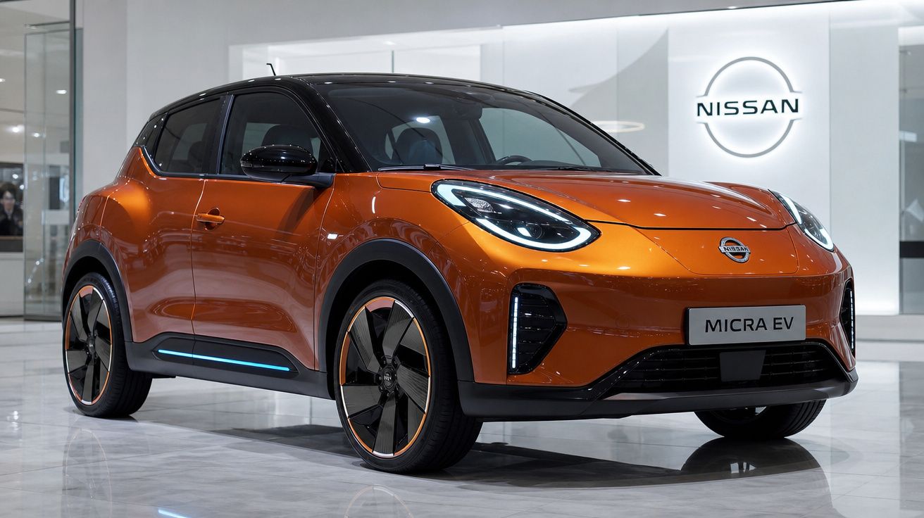 Carro elétrico Nissan Micra EV na cor laranja com teto preto em showroom moderno e iluminado.