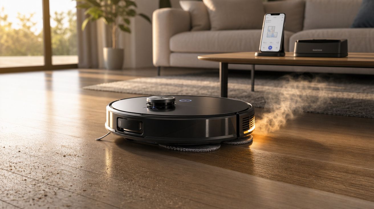 Robô aspirador limpando piso de madeira em sala moderna com sofá e mesa de centro.