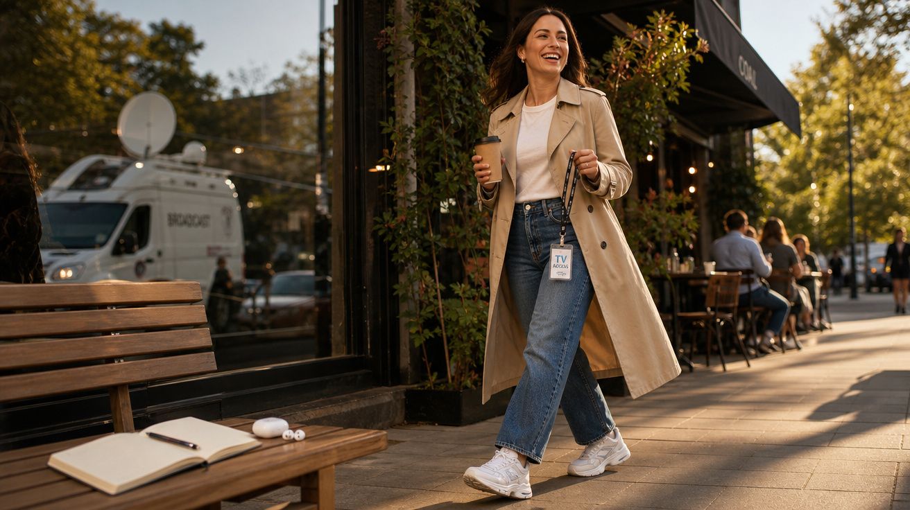 Mulher sorridente com casaco bege e jeans caminha segurando café em rua urbana ensolarada com café ao fundo.