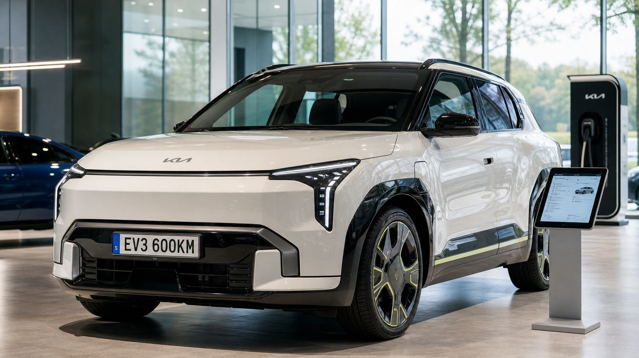 SUV elétrico branco Kia EV3 600KM em showroom com carregador ao fundo.