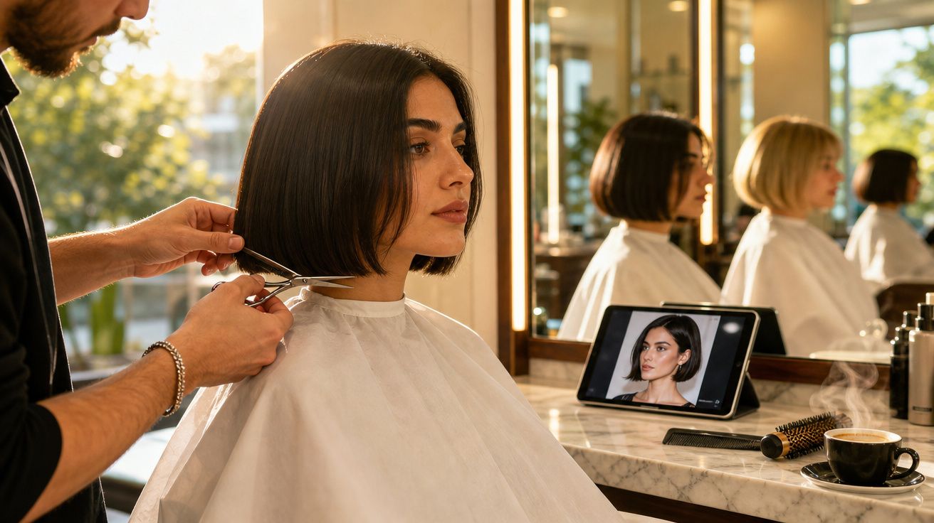 Homem cortando cabelo de mulher com cabelo curto em salão, com tablet mostrando o estilo desejado.