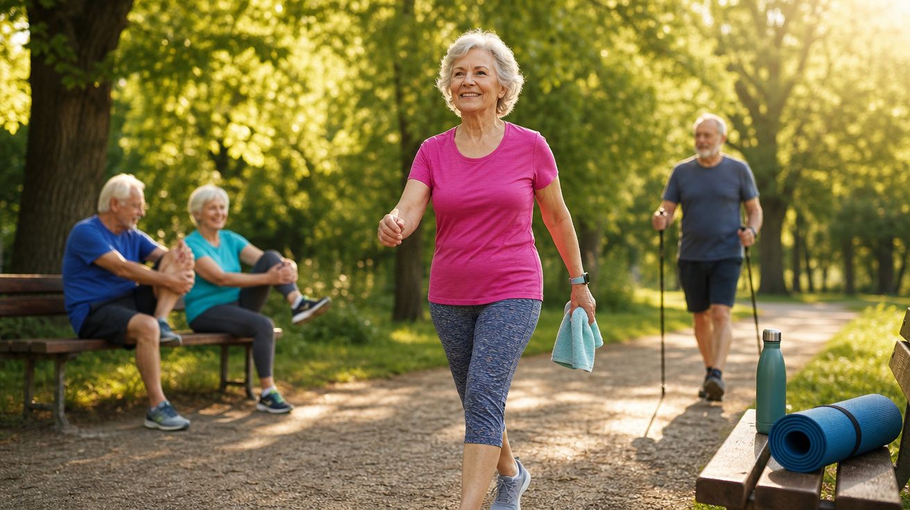 Idosos praticando caminhada e exercícios em parque com árvores ao fundo em dia ensolarado.