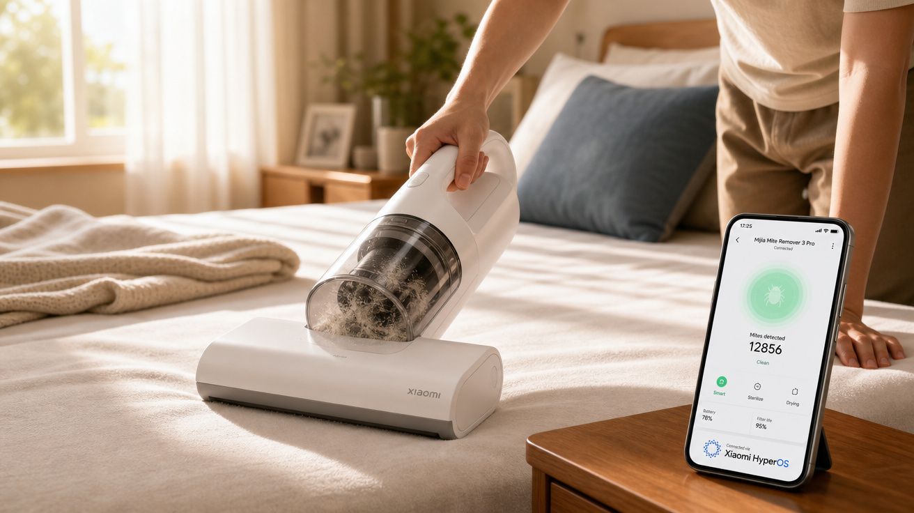 Pessoa usando aspirador de pó Xiaomi sobre cama enquanto app no celular mostra quantidade de ácaros detectados.