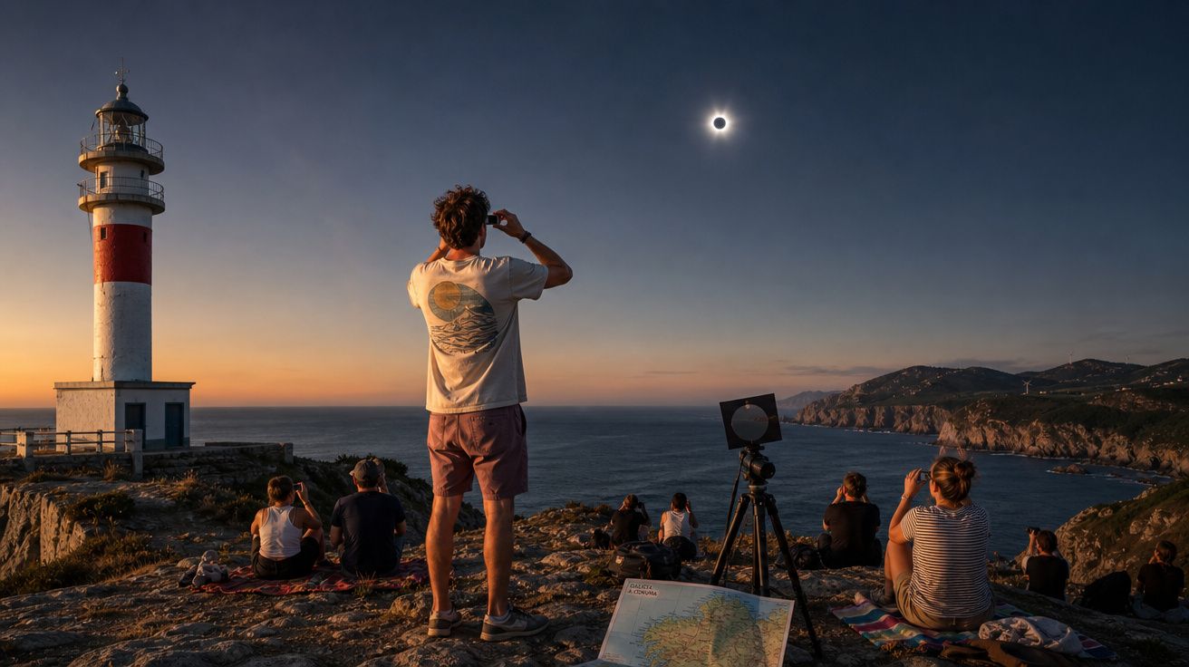 Pessoas observando eclipse solar ao pôr do sol perto de um farol à beira-mar em um penhasco rochoso.