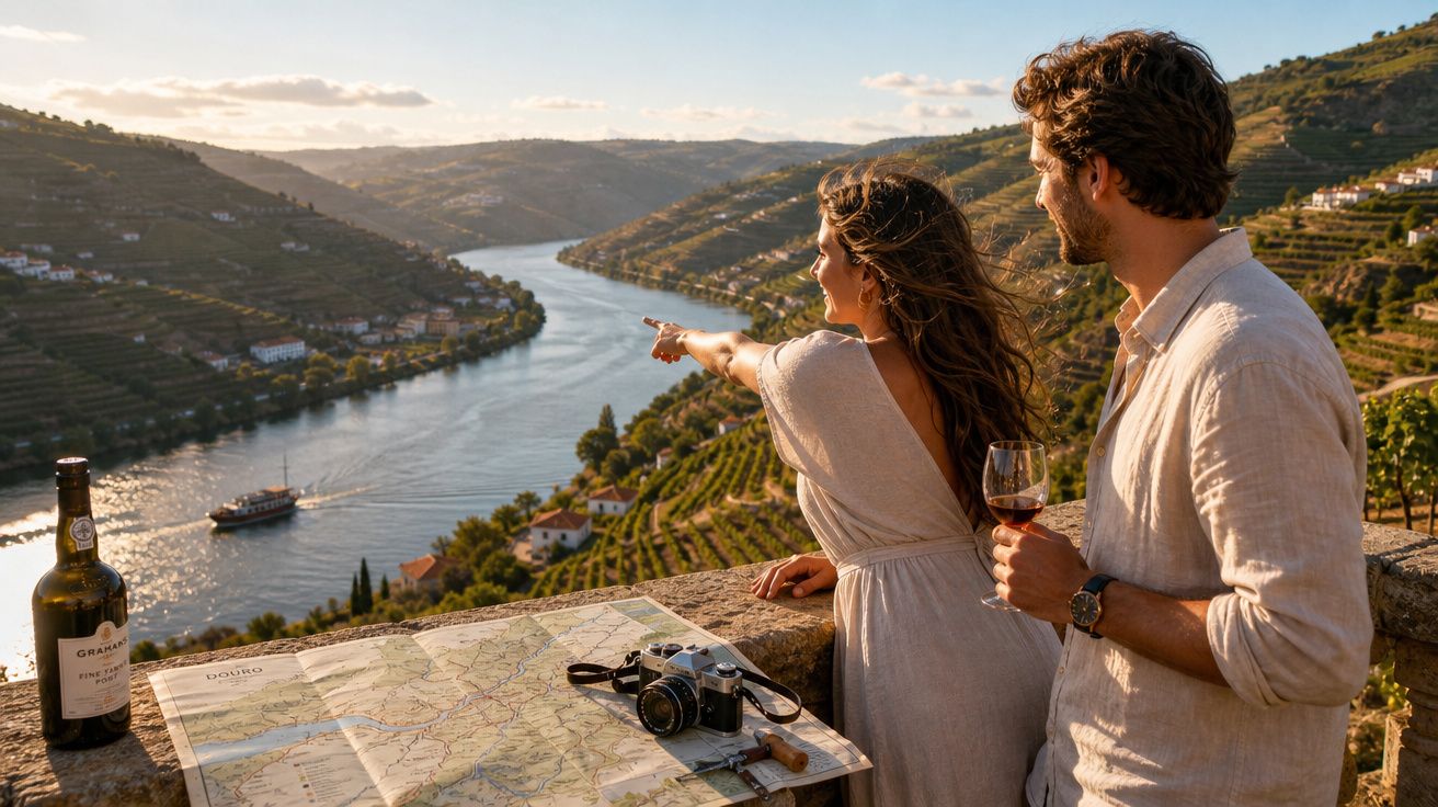 Casal observando o rio entre vinhedos, com taça de vinho, mapa, câmera e garrafa sobre muro de pedra.