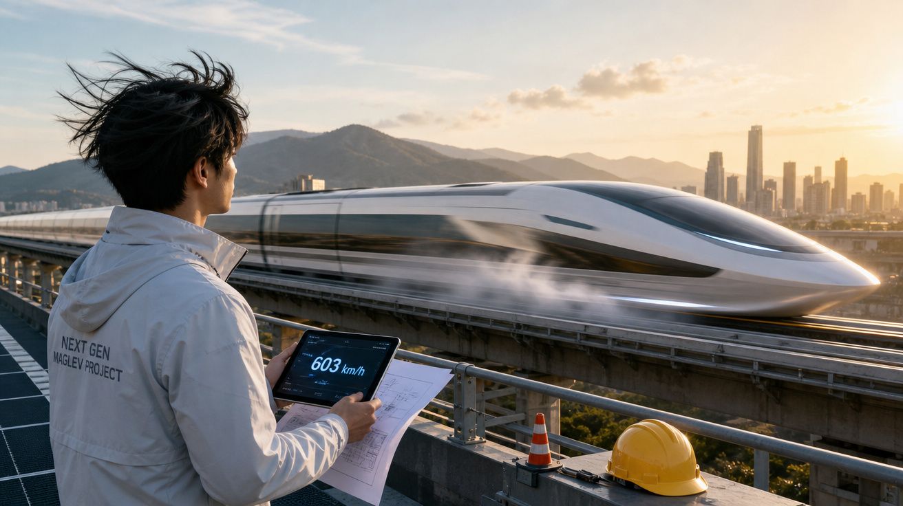 Homem observa trem maglev de alta velocidade em teste, segurando tablet com velocidade de 603 km/h.
