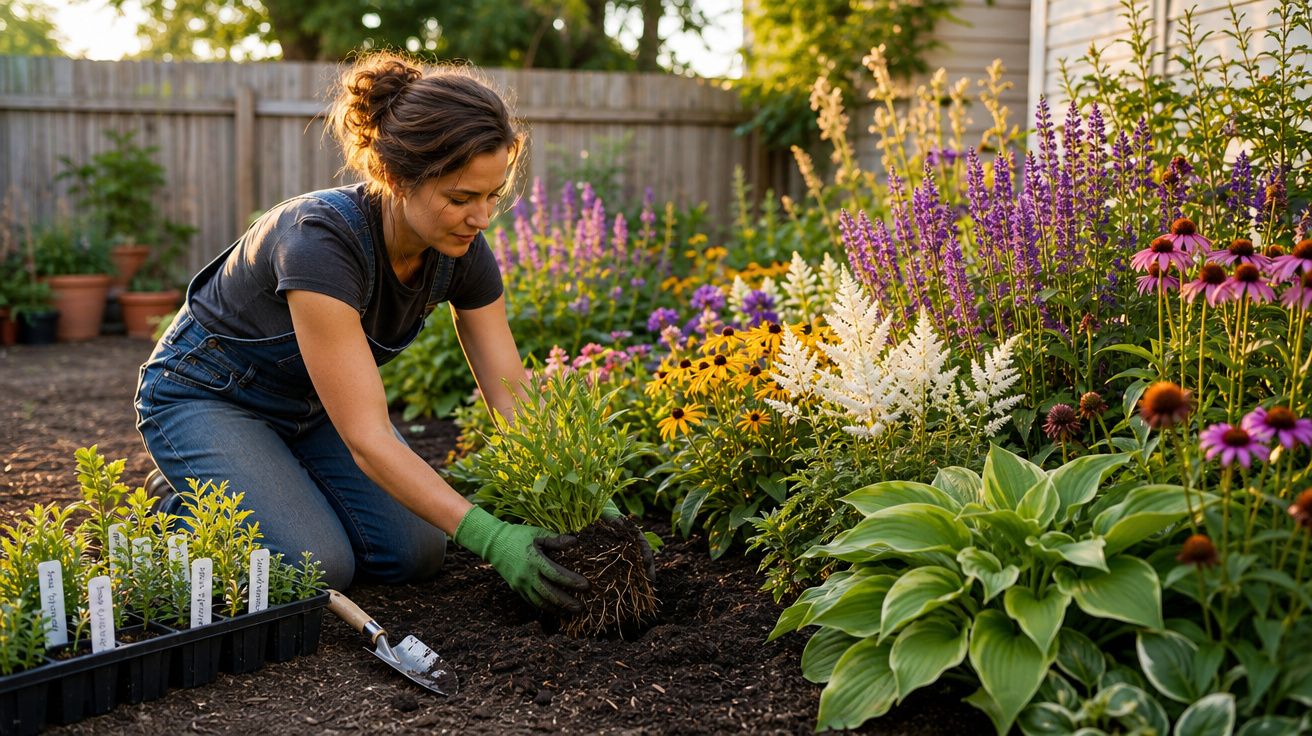 Mulher plantando flores em jardim florido com luvas verdes em dia ensolarado.