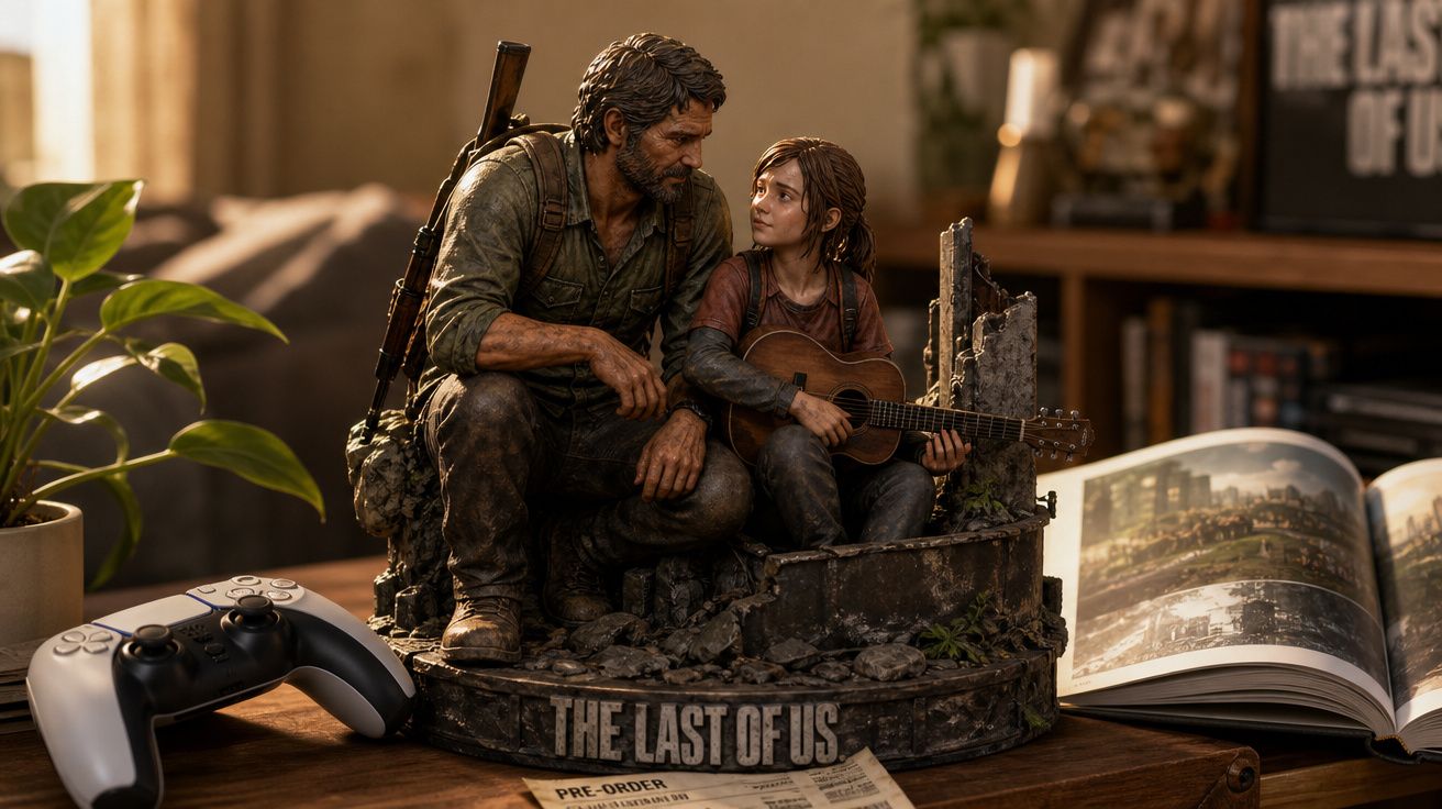 Estatueta dos personagens Joel e Ellie de The Last of Us, sentados com guitarra em cenário detalhado.
