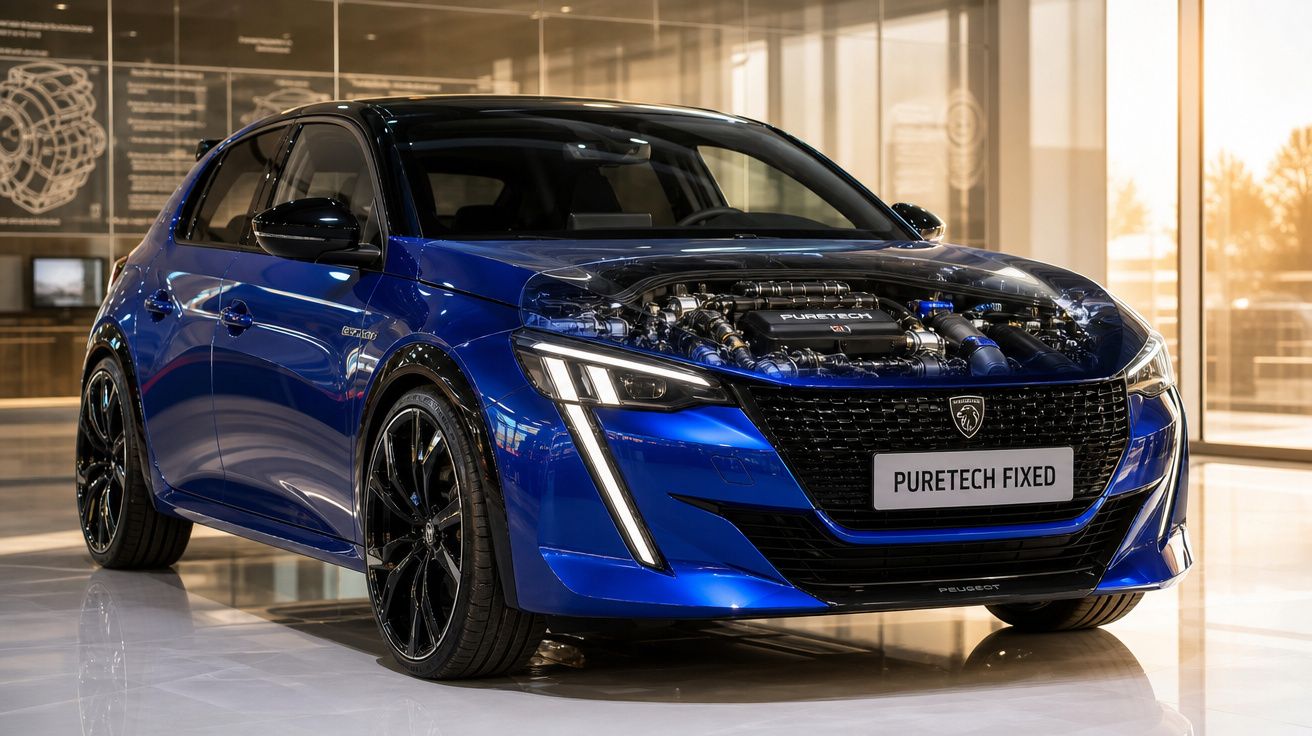 Carro Peugeot azul com capô transparente mostrando motor em ambiente interno moderno.