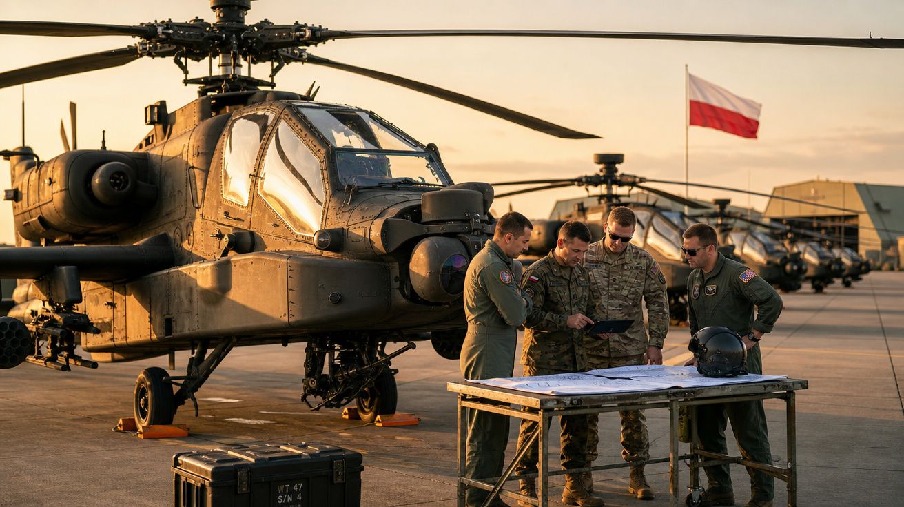 Quatro militares discutem plano ao lado de helicóptero Apache em base aérea ao pôr do sol com bandeira da Polônia.