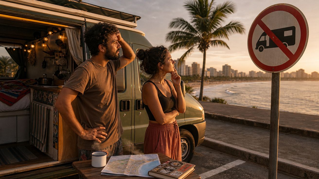 Casal ao lado de van de camping observa placa de proibição para trailers na orla com palmeira ao pôr do sol.
