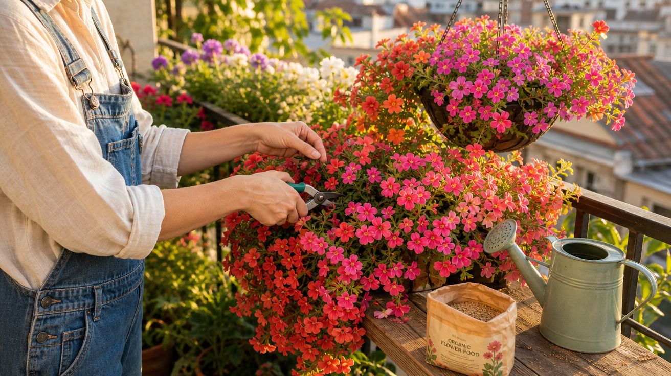 Pessoa cuidando e podando flores coloridas em varanda ensolarada, com regador e adubo ao lado.