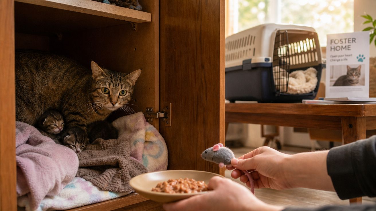 Gata com filhotes em casinha de madeira enquanto pessoa oferece comida e brinquedo de rato.