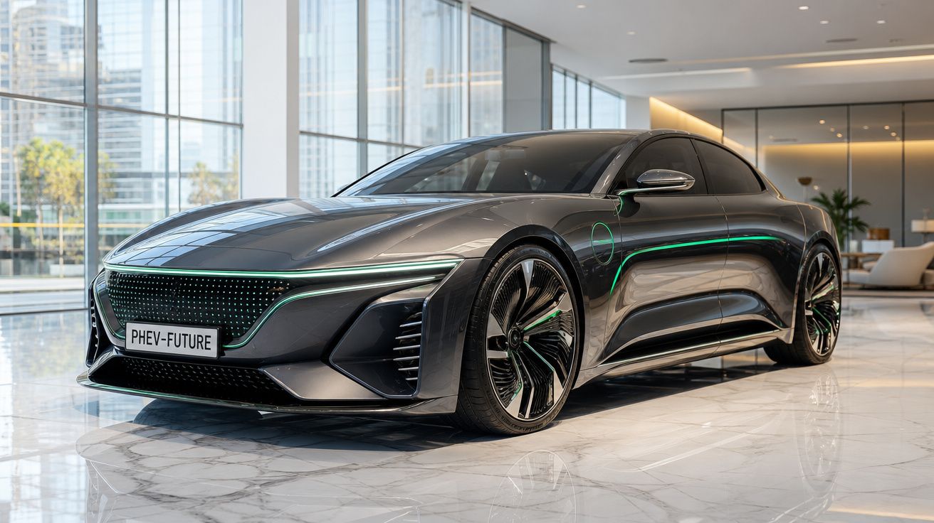 Carro elétrico cinza futurista com design aerodinâmico e luzes verdes, em ambiente interno moderno.