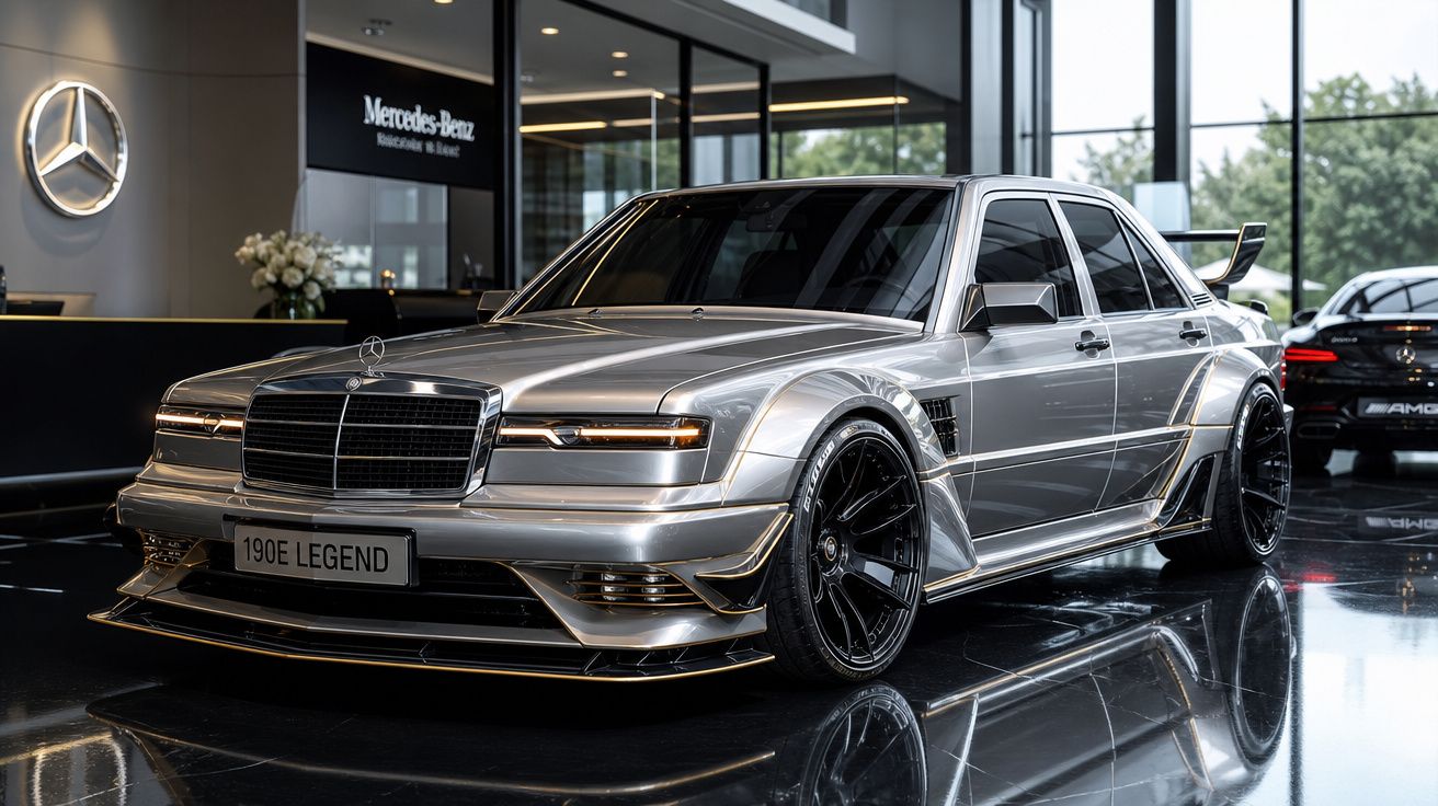 Carro Mercedes-Benz 190E Legend prata com rodas pretas em showroom moderno e iluminado.