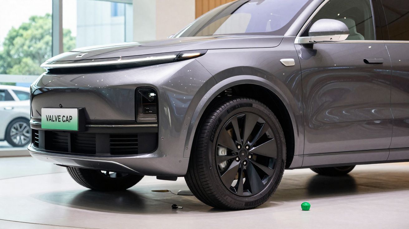 Parte frontal cinza metálico de carro elétrico moderno exibido em salão, com pneu preto e luzes com design futurista.