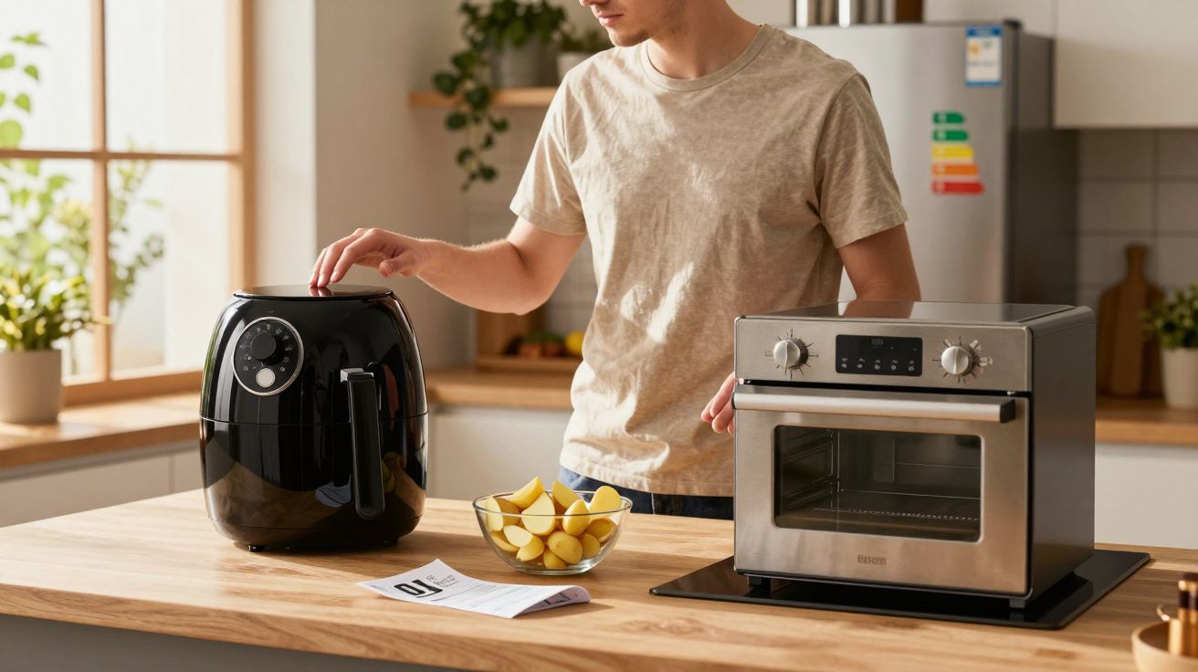 Pessoa usando uma fritadeira elétrica em bancada de cozinha moderna com tigela de batatas.