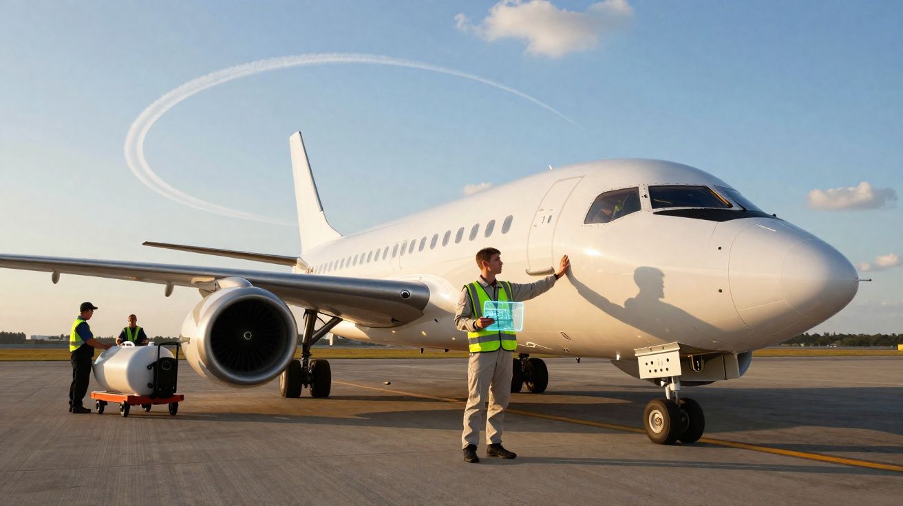 Funcionários em coletes refletores inspecionam avião branco no pátio do aeroporto ao entardecer.