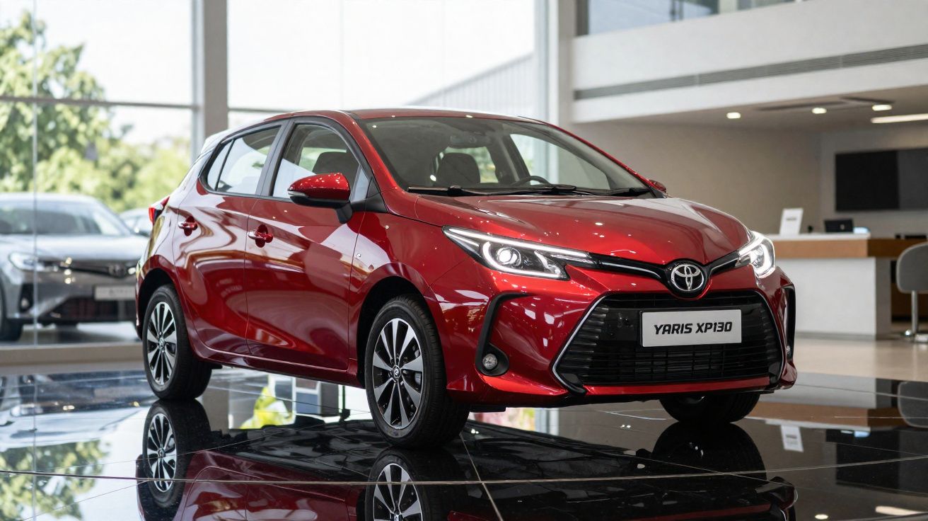 Carro vermelho Toyota Yaris XP130 exibido em showroom moderno com piso refletivo.
